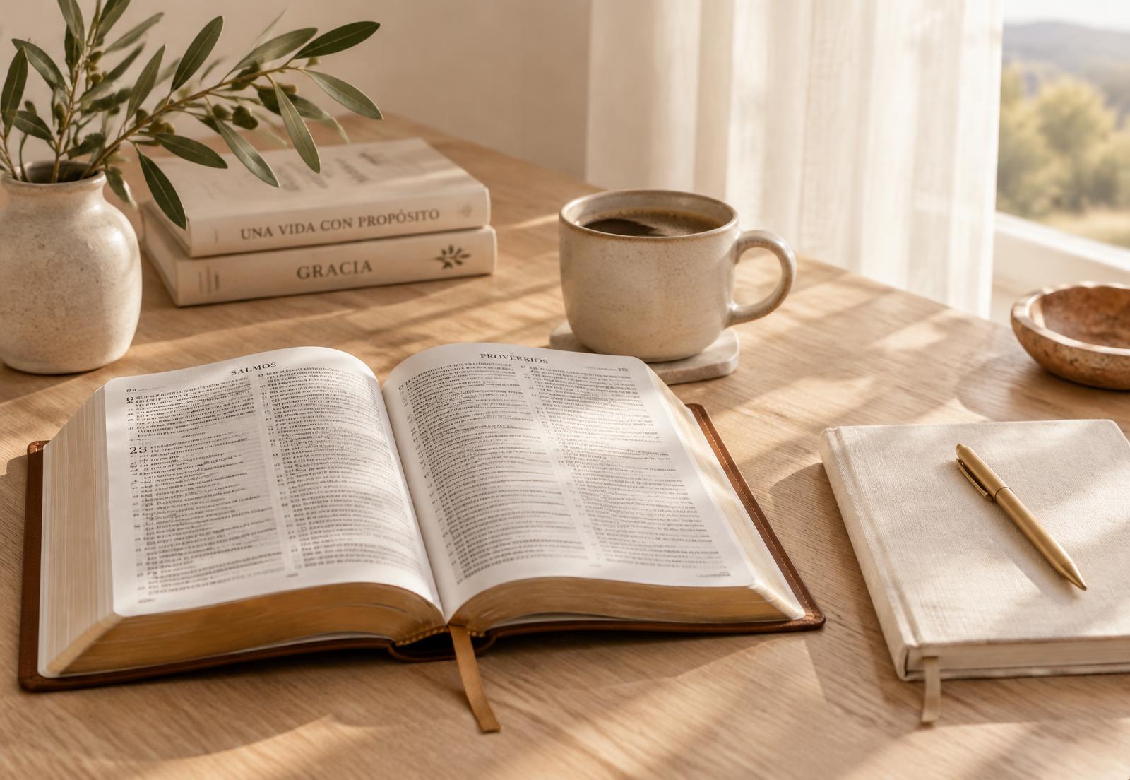 Biblia abierta, café y cuaderno bajo la luz de la mañana